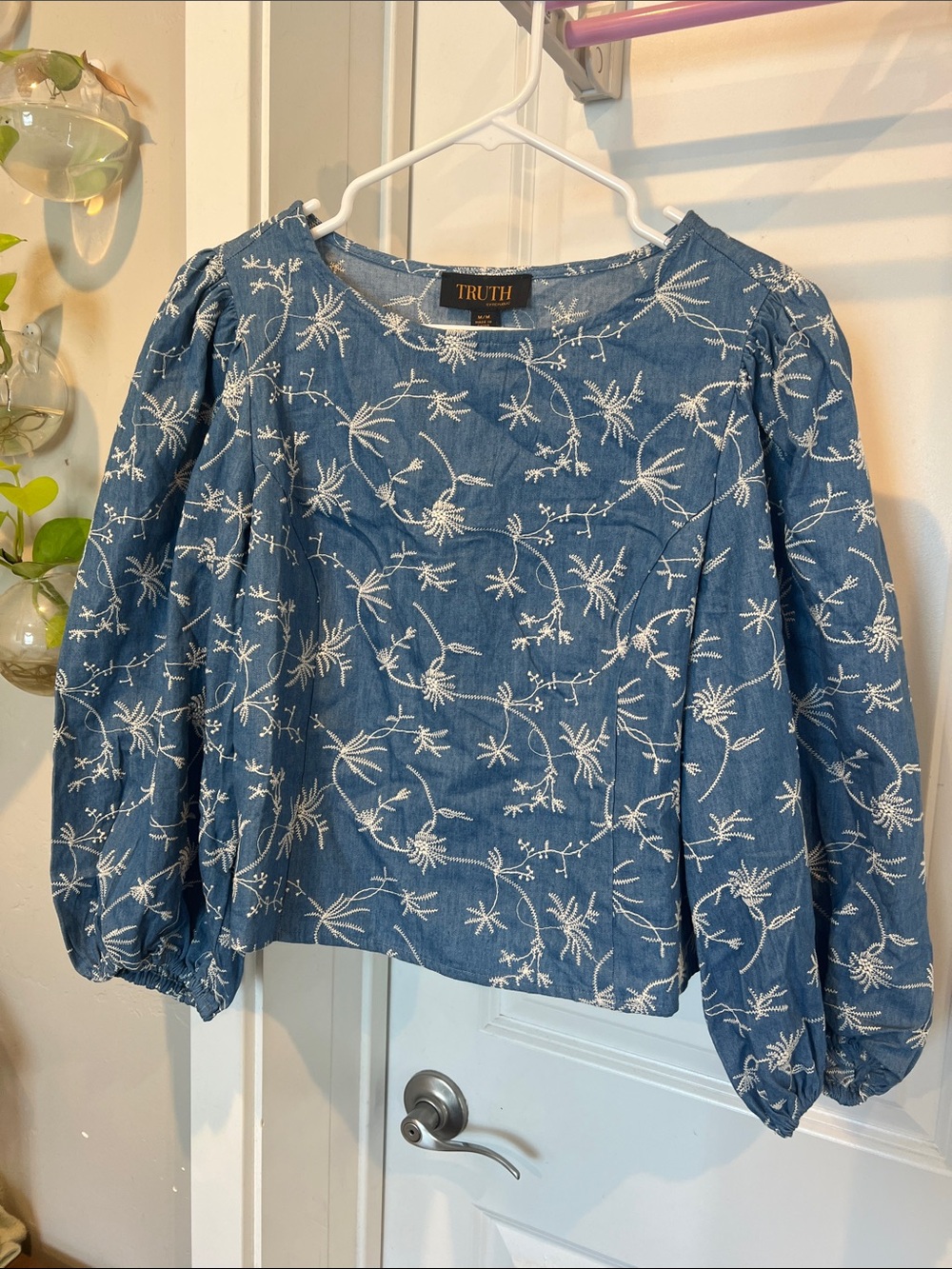 Truth Blue Denim Embroidered Puff-Sleeve Top
